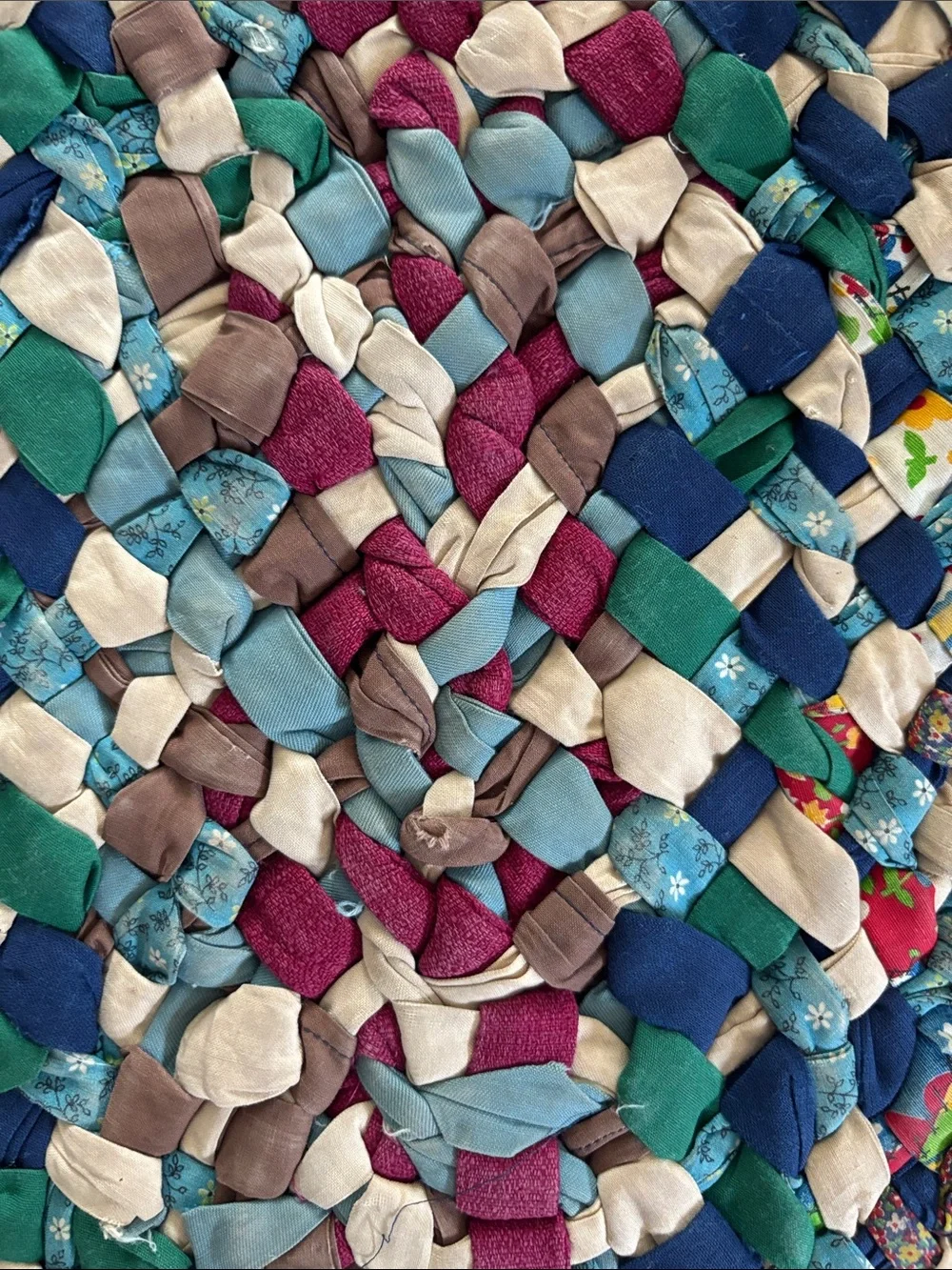 Vintage fabric woven rug, scrap fabric, colorful, cotton, oval, 20x30.5”